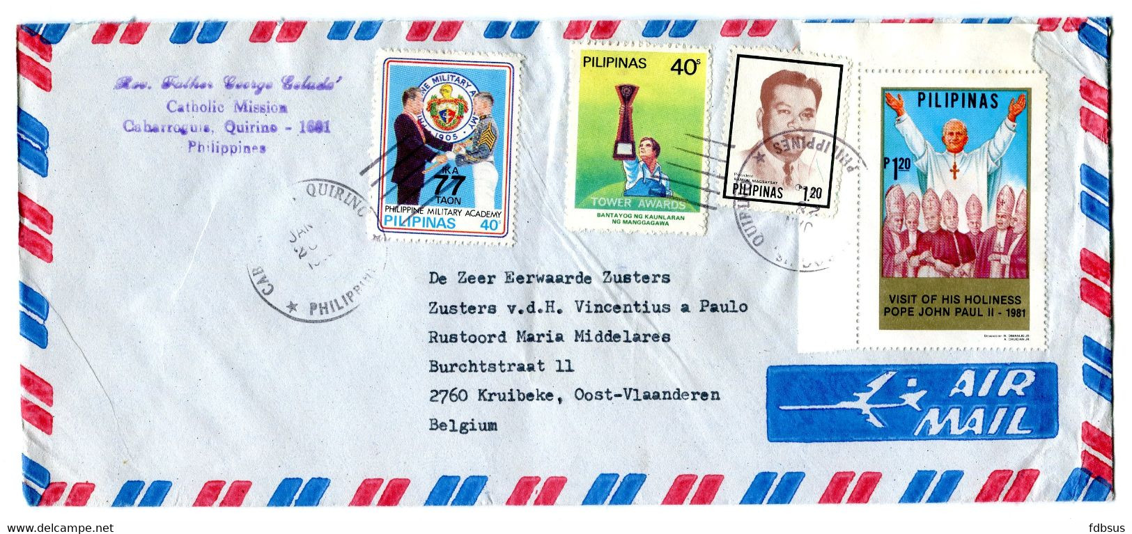1983 Airmal Envelope From Rev. Father Geladé, Cabarroguis Quirino Cath. Mission To Kruibeke Belgium - 4 Stamps On Cover - Philippines