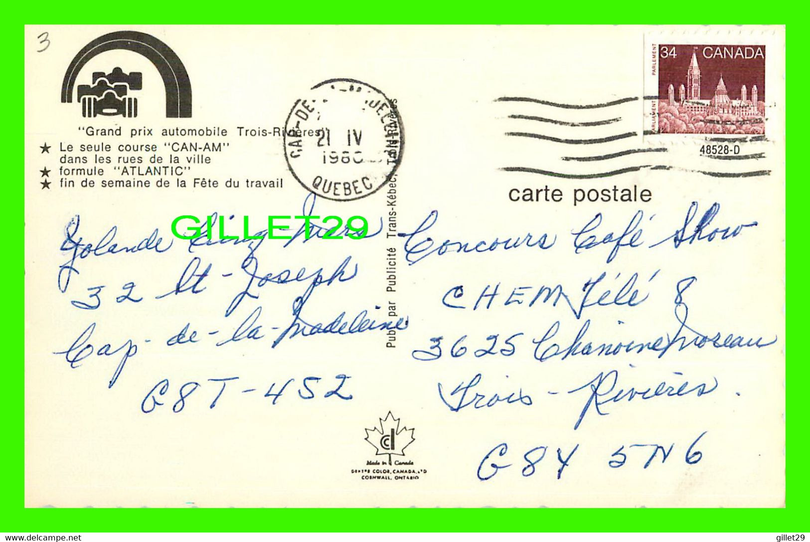 TROIS-RIVIÈRES, QUÉBEC - GRAND PRIX AUTOMOBILE - CIRCULÉE EN 1980 -PUB. BY TRANS-KÉBEC - - Trois-Rivières
