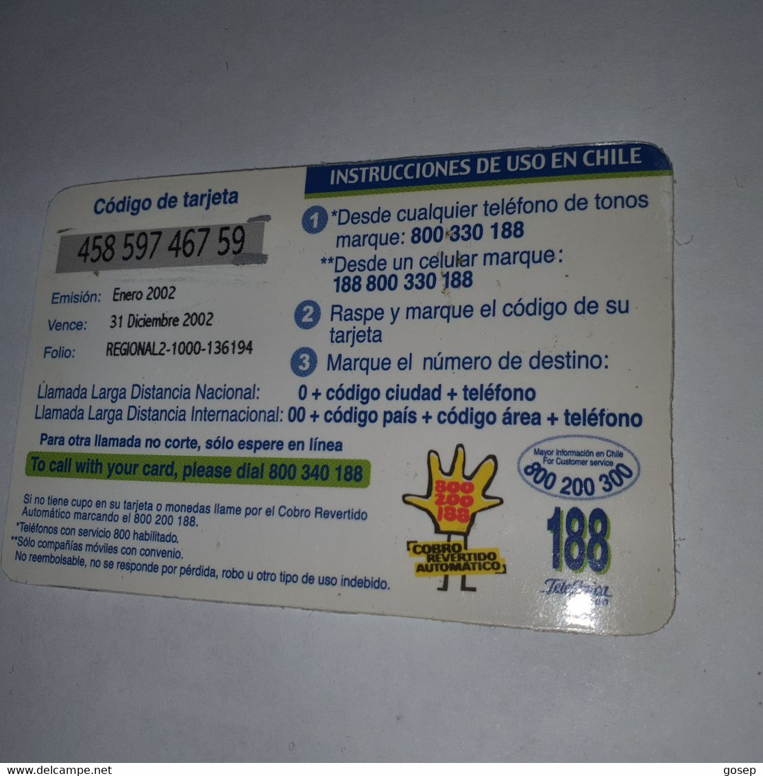 Chile-telefonica-mundo-188-(182)-($1.000)-(458-597-467-59)-(31/12/2002)-(look Outside)-used Card+1card Prepiad Free - Chili