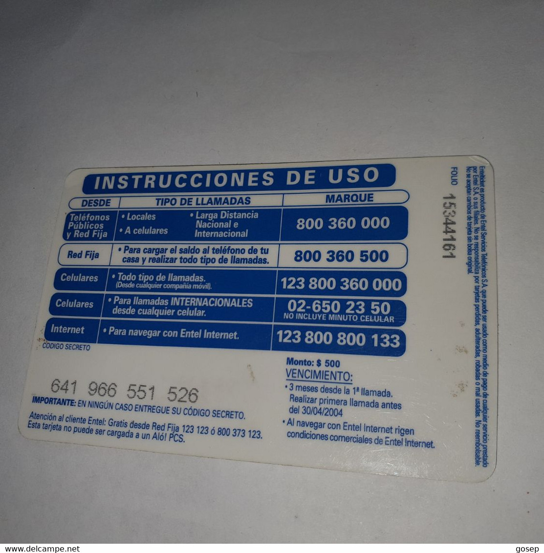 Chile-entel Ticket-multi-(186)-($500)-(641-966-551-526)-(30/4/2004)-(look Outside)-used Card+1card Prepiad Free - Chile