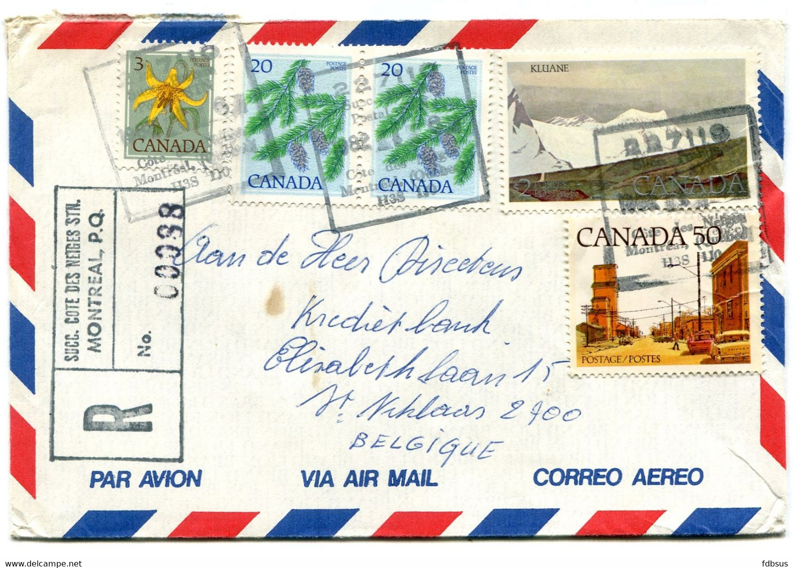 1982 Registered Airmail Envelope From Montreal To Kredietbank In Belgium - 5 Stamps On Cover - Brieven En Documenten