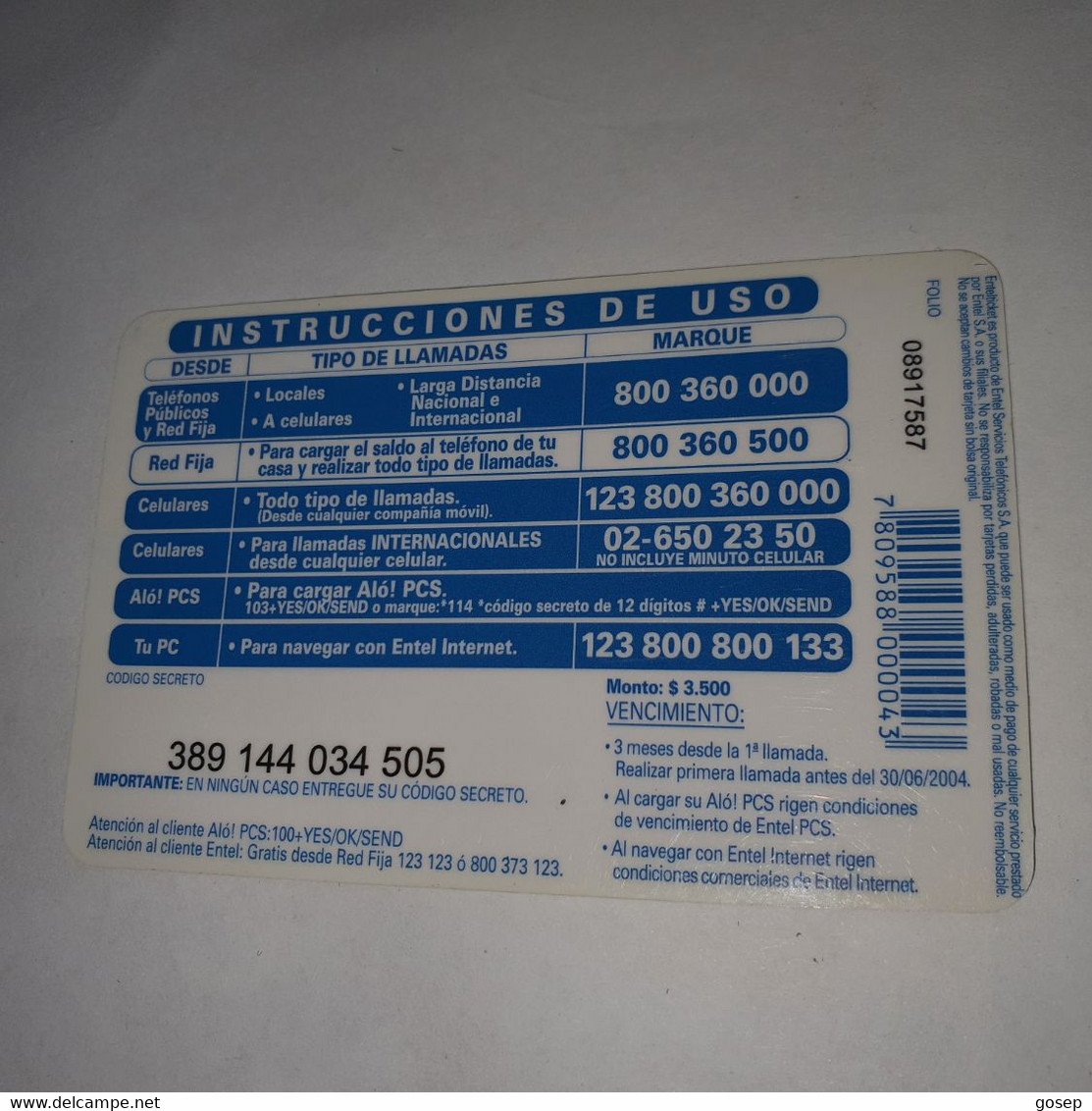Chile-entel Ticket-multi-(189)-($3.500)-(389-144-034-505)-(30/6/2004)-(look Out Side)-used Card+1card Prepiad Free - Chile