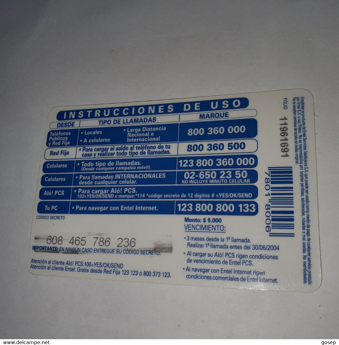 Chile-entel Ticket-multi-(190)-($5.000)-(608-465-786-236)-(30/6/2004)-(look Out Side)-used Card+1card Prepiad Free - Cile