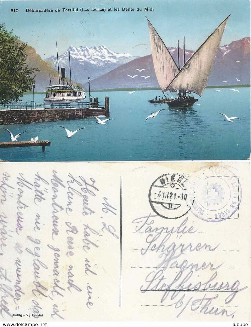 Feldpost AK  "Débarcadère De Territet"  (Place D'Armes De Bière)             1921 - Postmarks