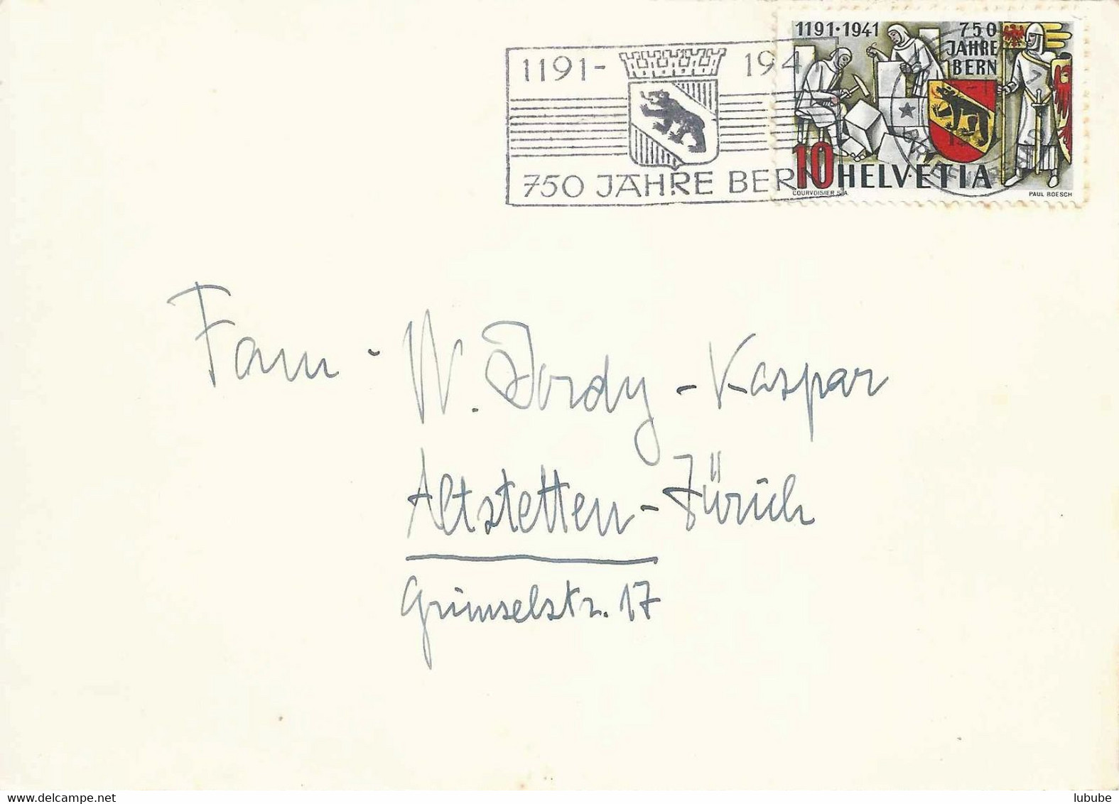 Karte  Bern - Zürich Altstetten  (750 Jahre Bern)           1941 - Storia Postale