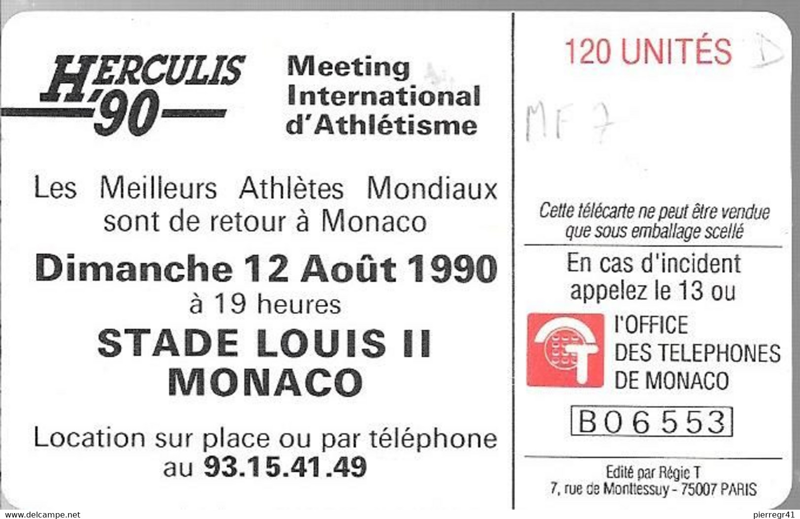 CARTE²-PUBLIC-MONACO-120U-MF 07-GEM A-HERCULIS 90-Utilisé-TBE- - Monaco