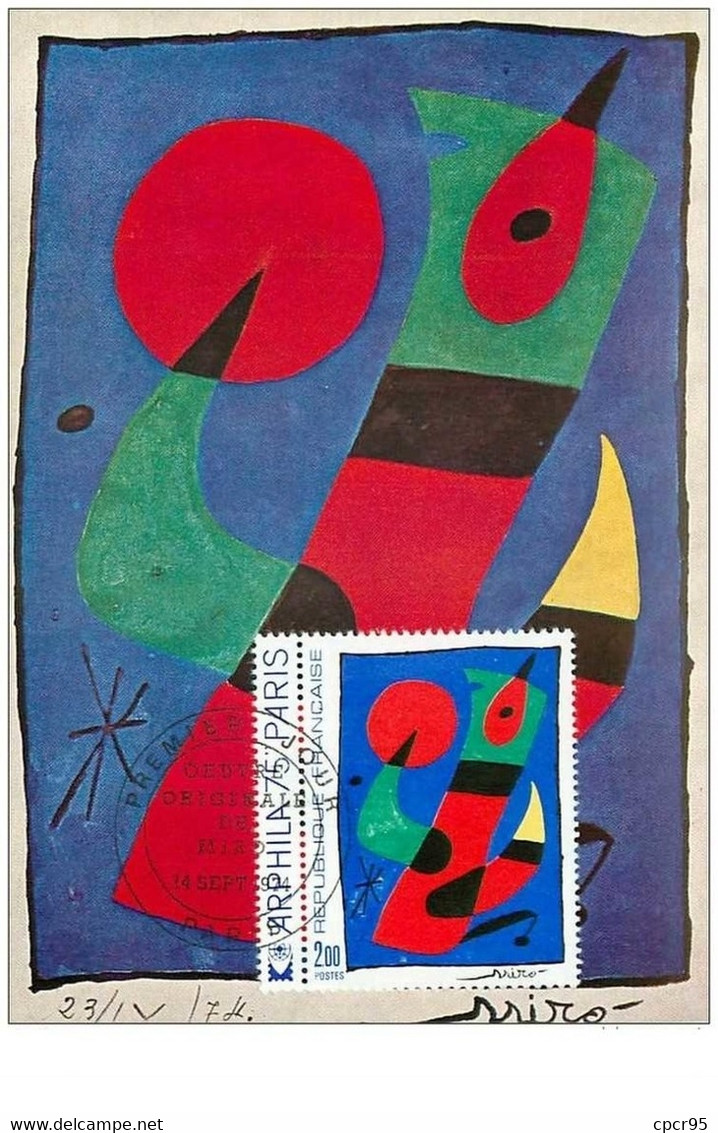 TIMBRES.n°27386.CARTE MAXIMUM.1974.JOAN MIRO.GOUACHE - 1970-1979