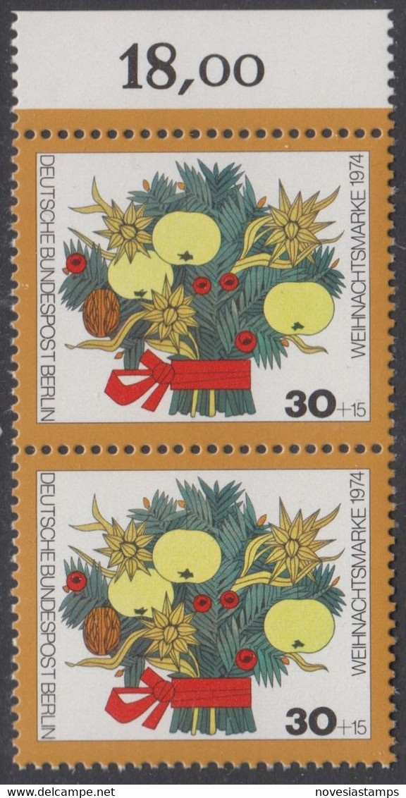 !a! BERLIN 1974 Mi. 481 MNH Vert PAIR W/ Top Margin (c) -Christmas - Neufs