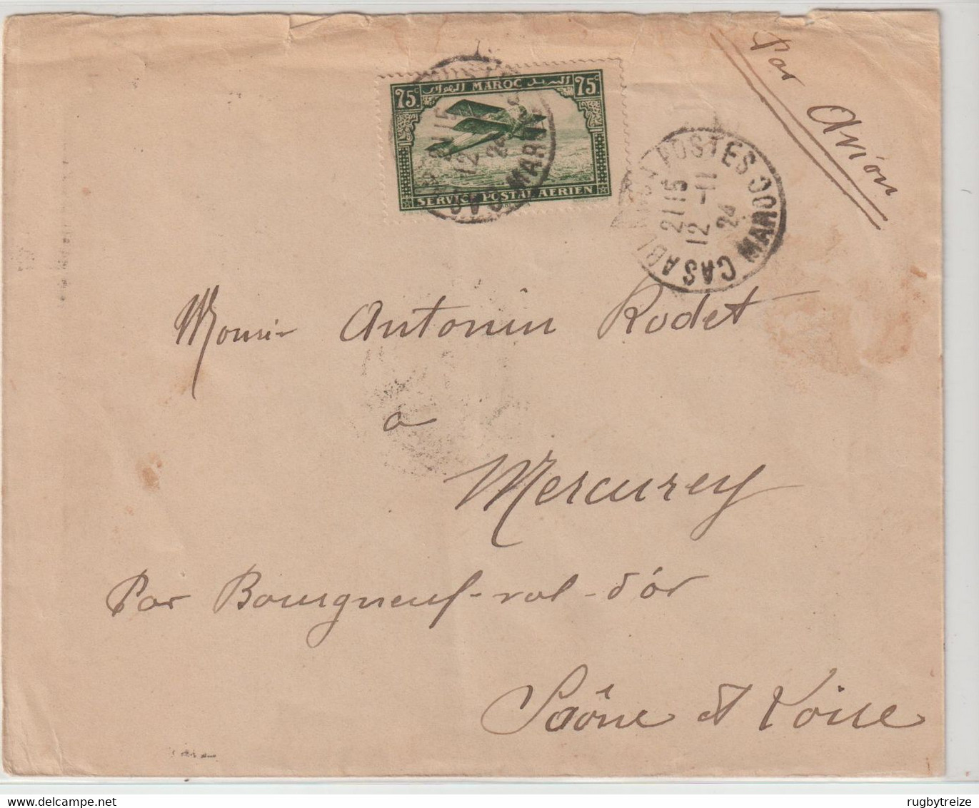 4065 Lettre MAROC MOROCCO 1924 Poste Aérienne Casablanca Pour Mercurey Par Bourgneuf Val D'or RODET - Luftpost