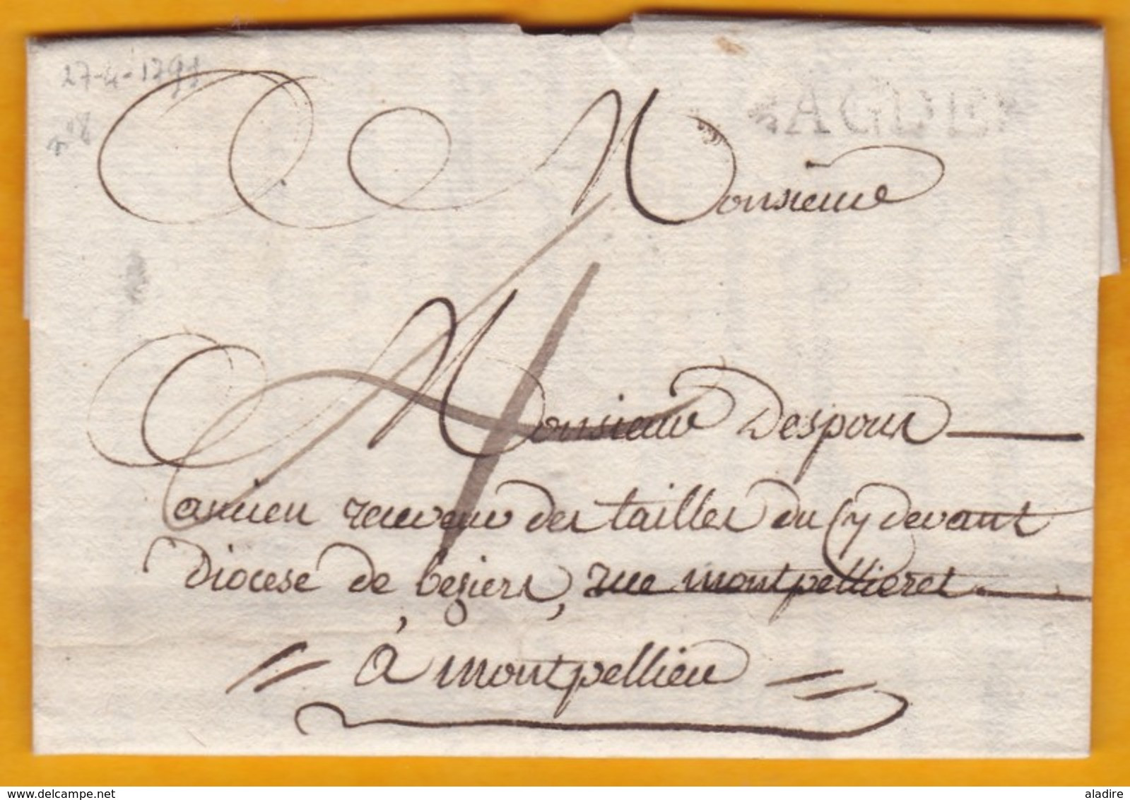 1791 - Marque Postale AGDE, Hérault Sur Lettre Avec Correspondance De 2 P. Vers Montpellier, Hérault - Règne Louis XVI - 1701-1800: Précurseurs XVIII