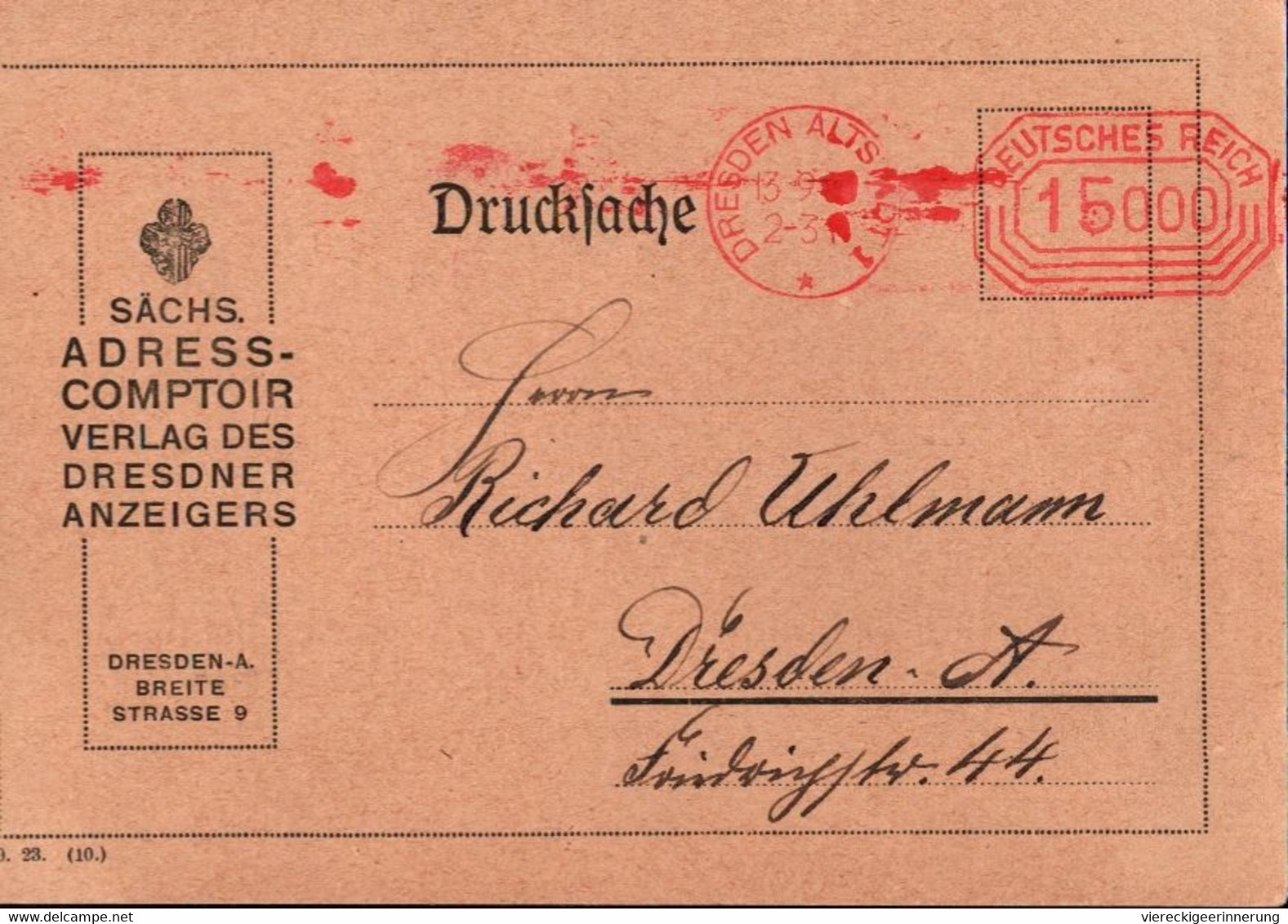 ! 1923 Drucksache Dresden, Meter Cancel, Freistempel, Freistempler, Deutsches Reich, Inflation - Lettres & Documents