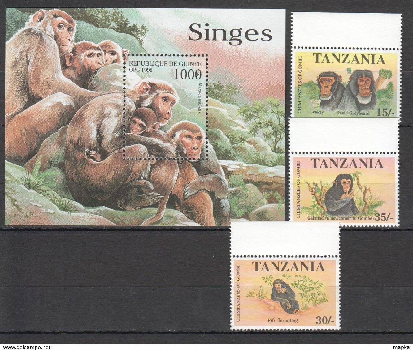 BB978 1998 TANZANIA REPUBLIQUE DE GUINEE ANIMALS & FAUNA MONKEYS CHIMPANZEES 1SET+1BL MNH - Chimpansees