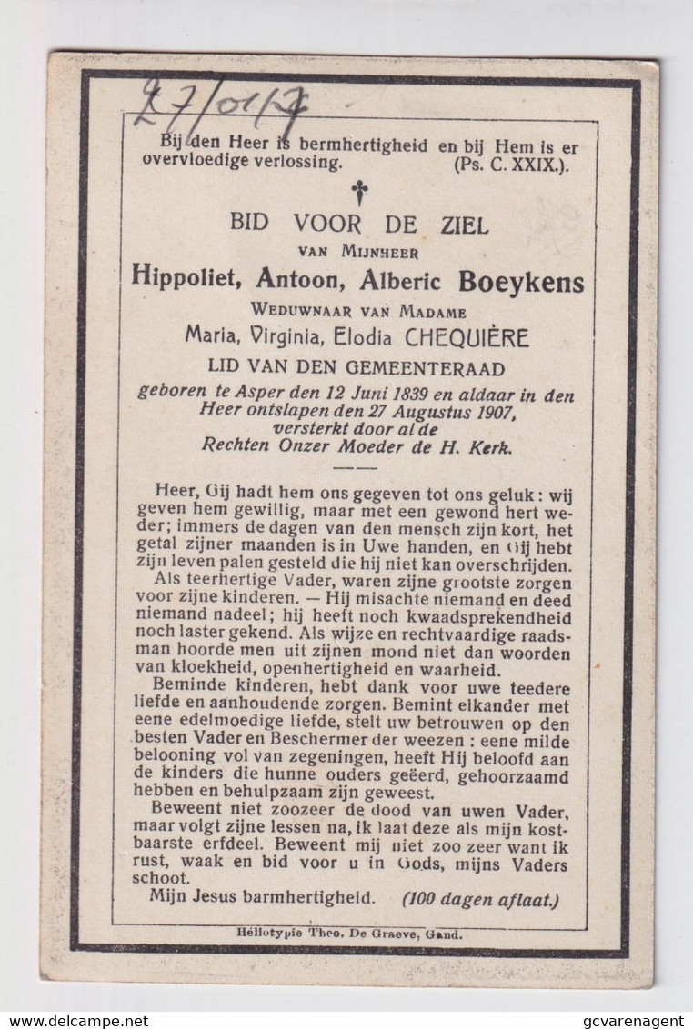 HIPPOLYTE BOEYKENS  - ASPER  1839    1907   2 SCANS - Esquela