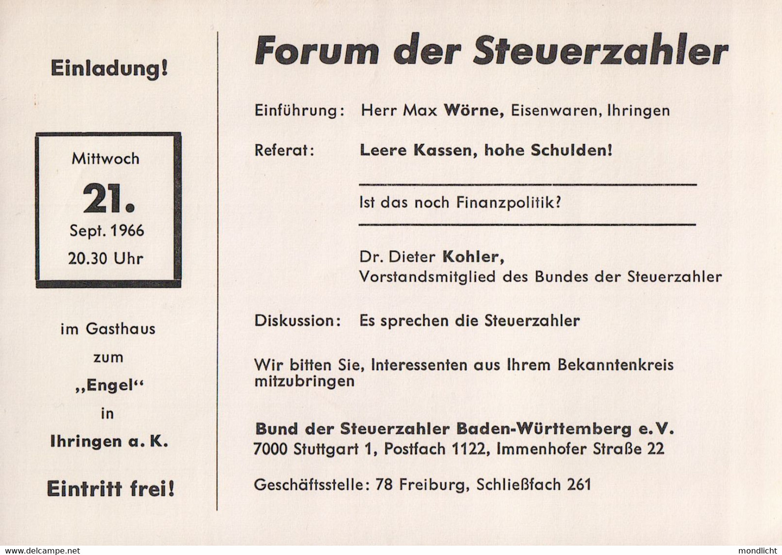 Forum Der Steuerzahler, Gasthaus Zum "Engel", 21. Sept. 1966. Max Wörne, Eisenwaren, Ihringen. Einladung, Drucksache. - Ihringen