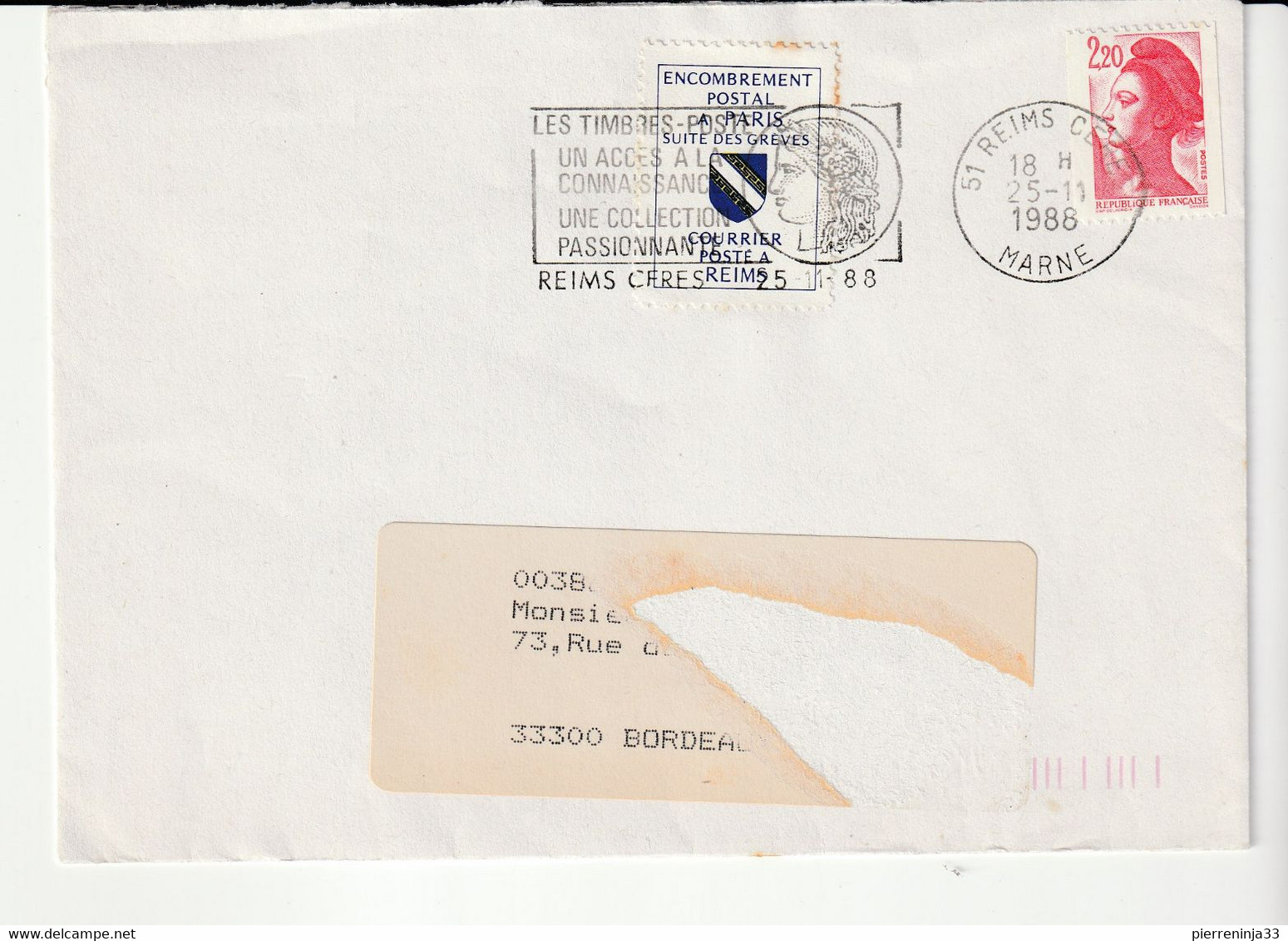 Lettre Reims 1988 Avec Vignette De Grève "Encombrement Postal à Paris/suite Des Grèves/courrier Posté à Reims" - Autres & Non Classés