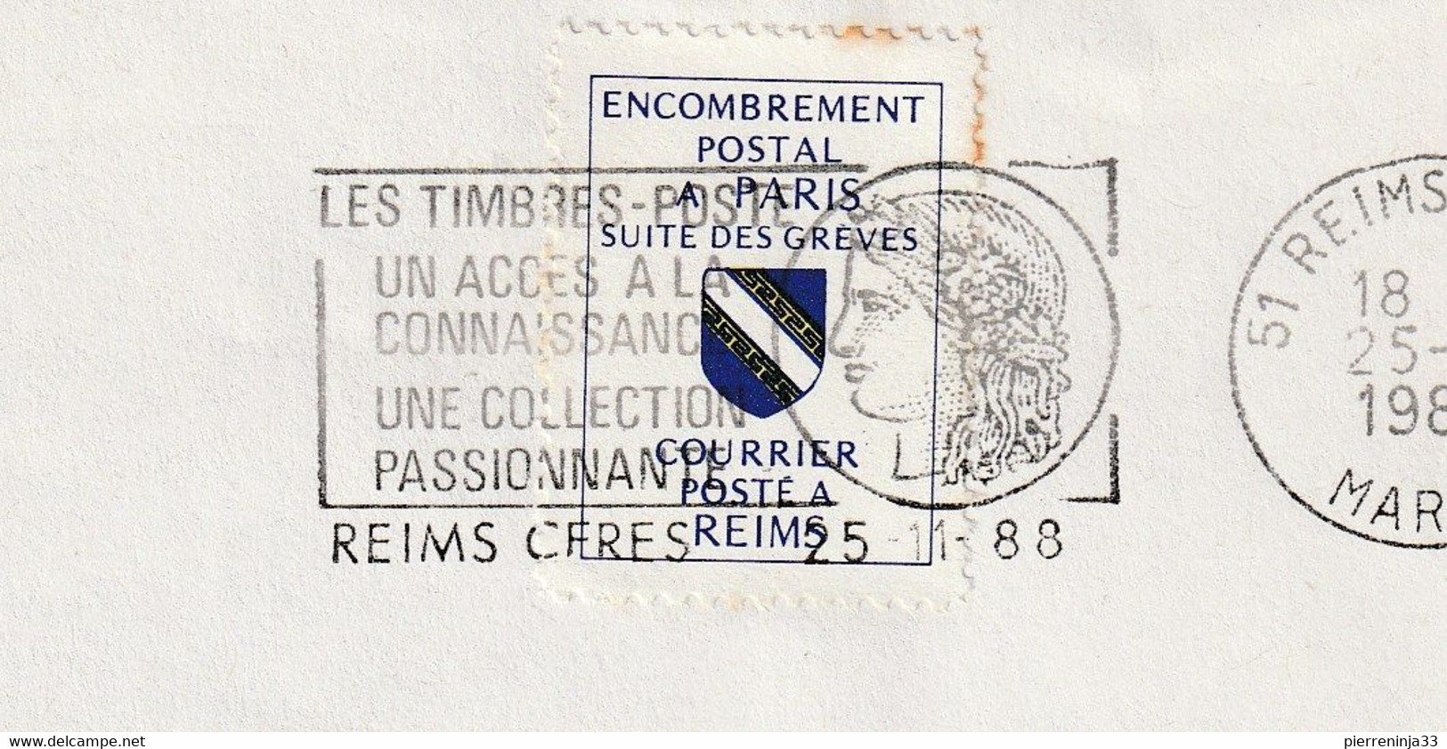 Lettre Reims 1988 Avec Vignette De Grève "Encombrement Postal à Paris/suite Des Grèves/courrier Posté à Reims" - Autres & Non Classés