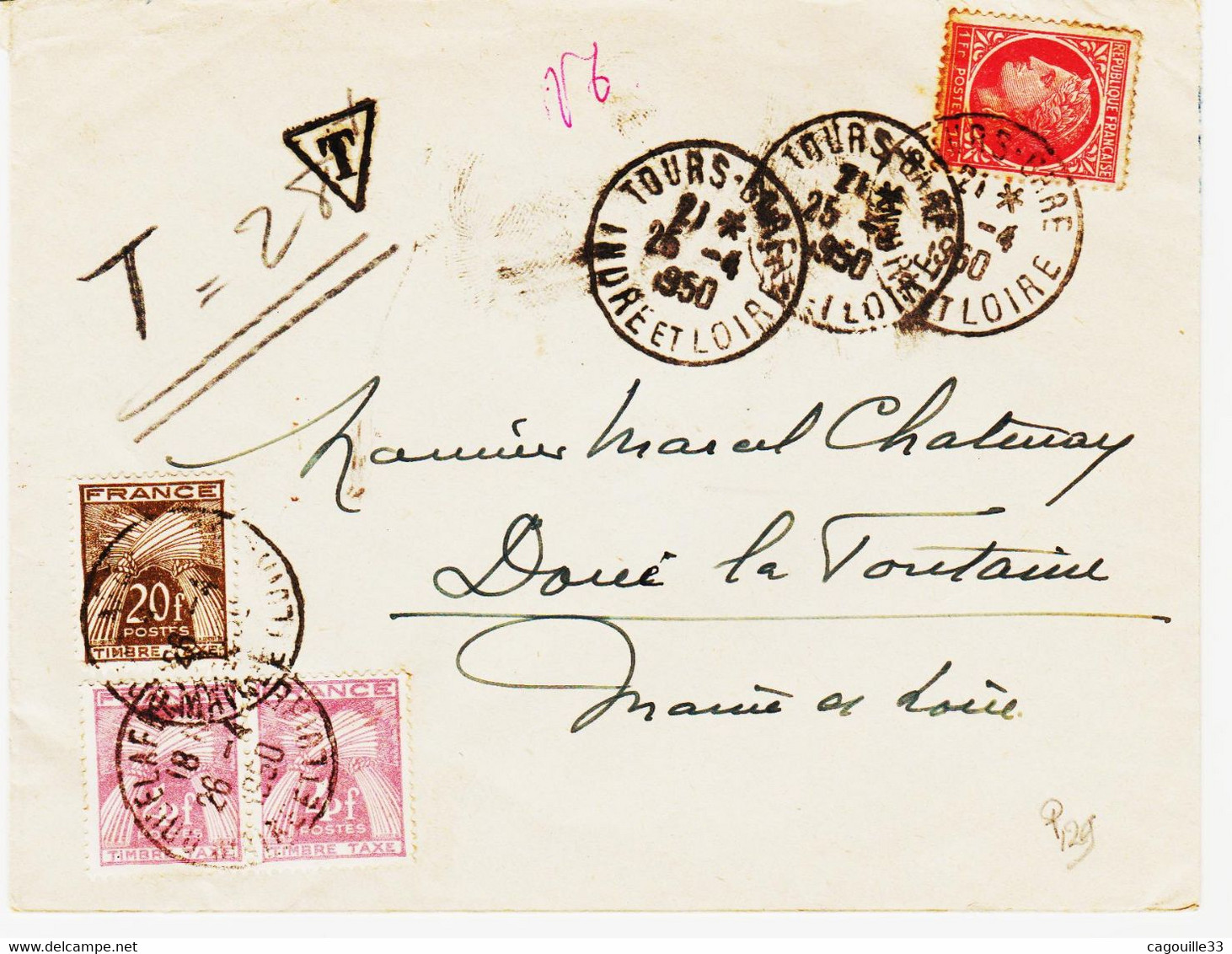 France,  De Tours Gare En 1950 Et Taxe Gerbe  Paire De 4 F Et 20 F  (28 F )  Surprenant  TB - 1859-1959 Lettres & Documents