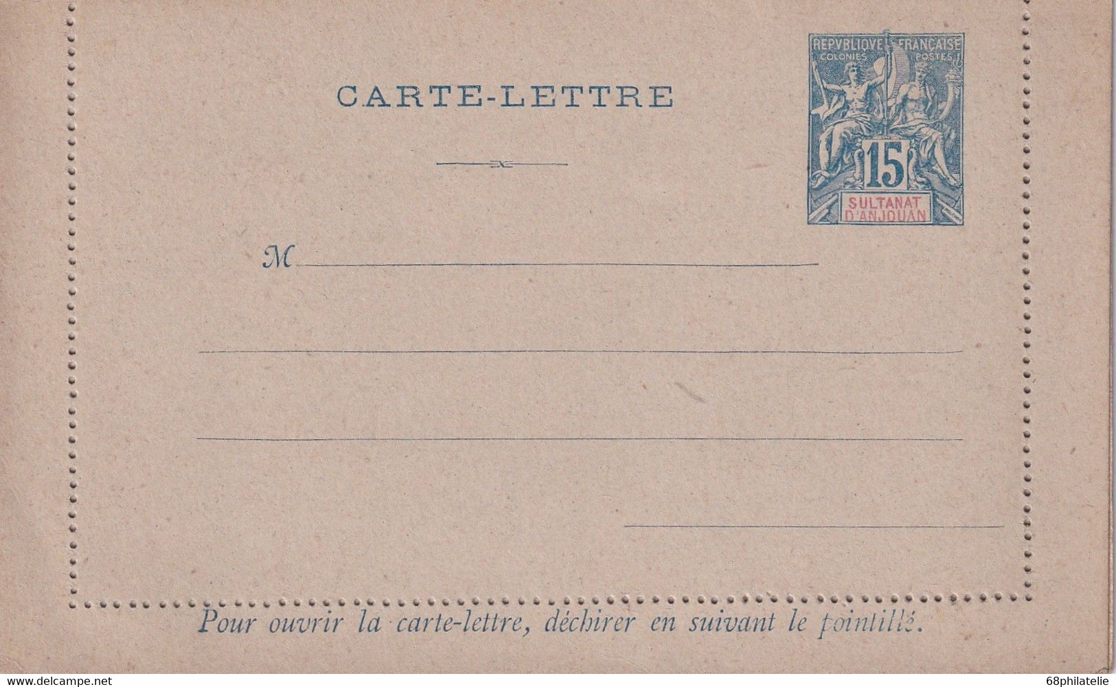 SULTANAT D'ANJOUAN    ENTIER POSTAL/GANZSACHE/POSTAL STATIONARY CARTE-LETTRE - Storia Postale