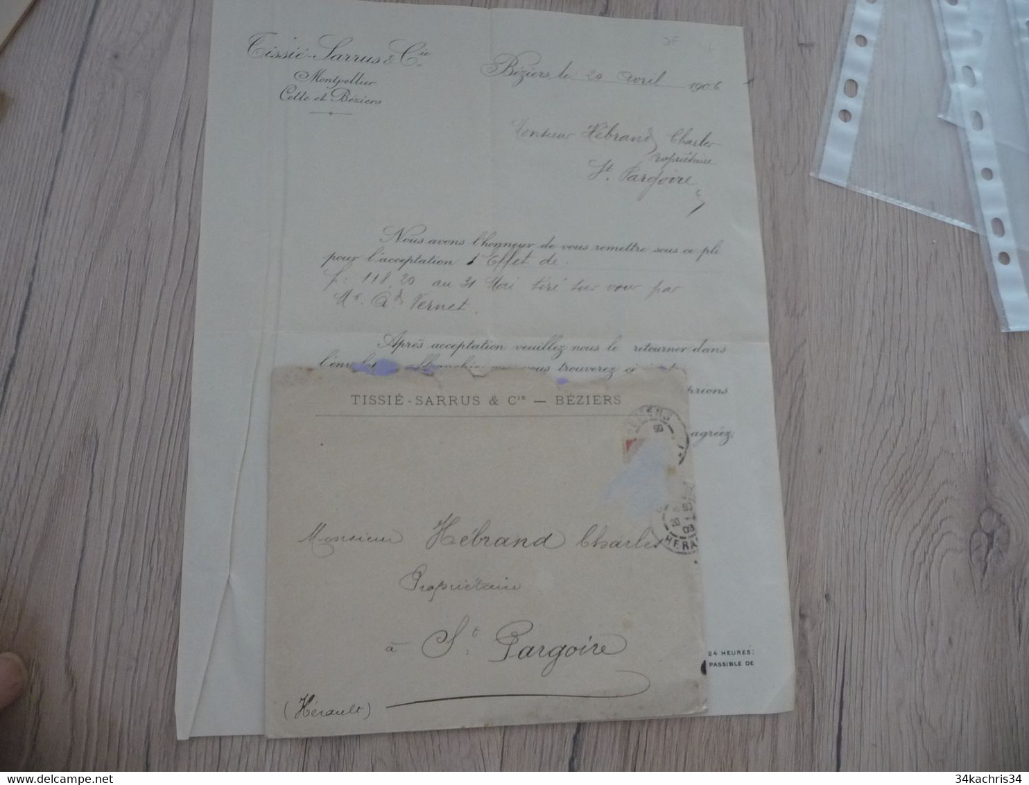 Facture Lettre à En Tête + Enveloppe Tissié Sarrus Béziers Cette Sète Montpellier 1906 Hérault - Ambachten