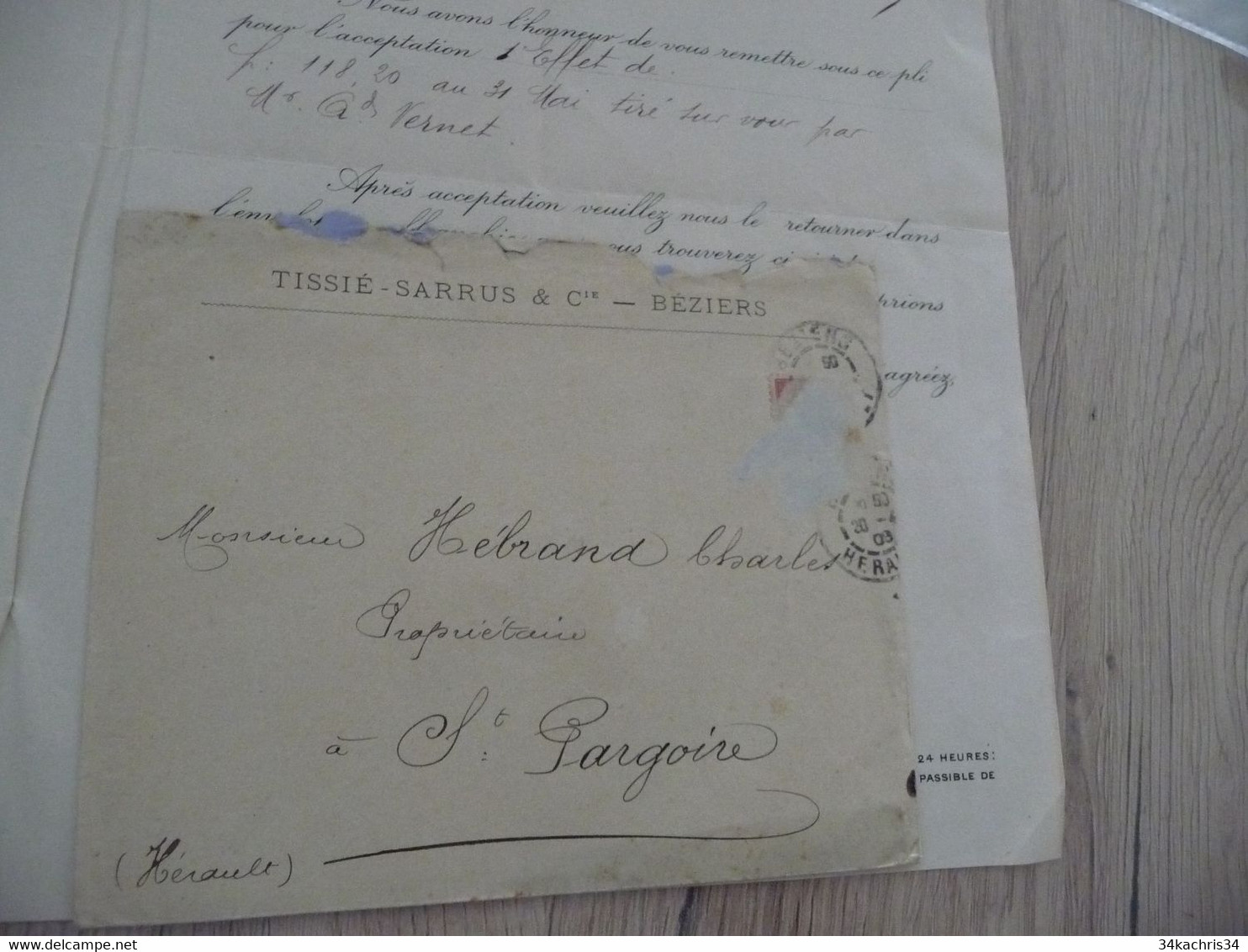 Facture Lettre à En Tête + Enveloppe Tissié Sarrus Béziers Cette Sète Montpellier 1906 Hérault - Straßenhandel Und Kleingewerbe