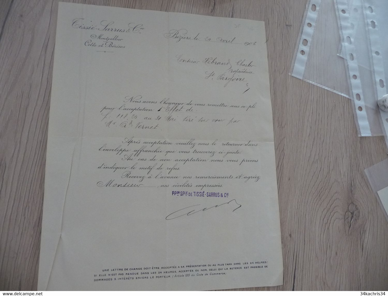 Facture Lettre à En Tête + Enveloppe Tissié Sarrus Béziers Cette Sète Montpellier 1906 Hérault - Ambachten