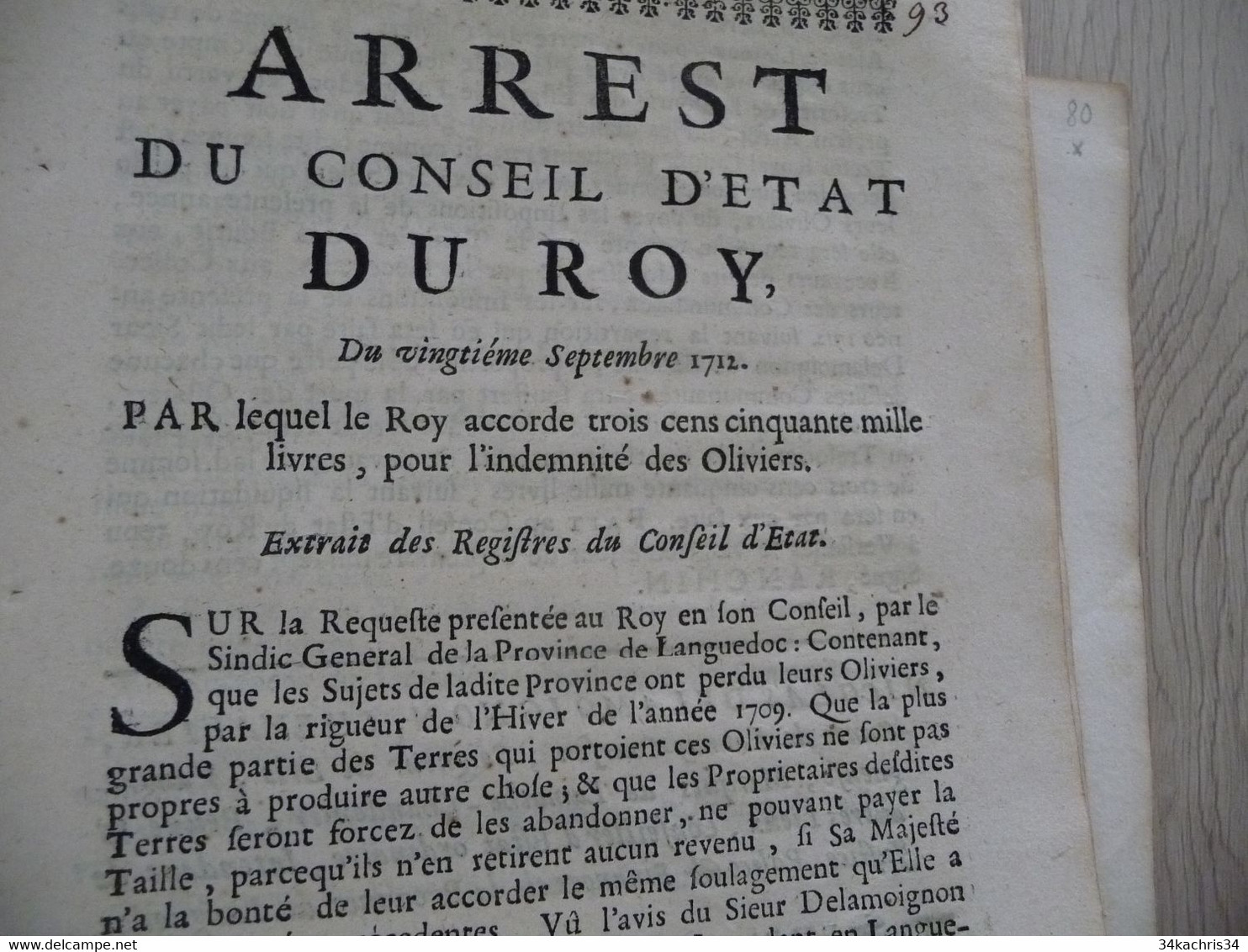 X 3 Décrets 1711/1712 Languedoc Indemnité Pour Les Oliviers Catastrophe Naturelle - Gesetze & Erlasse