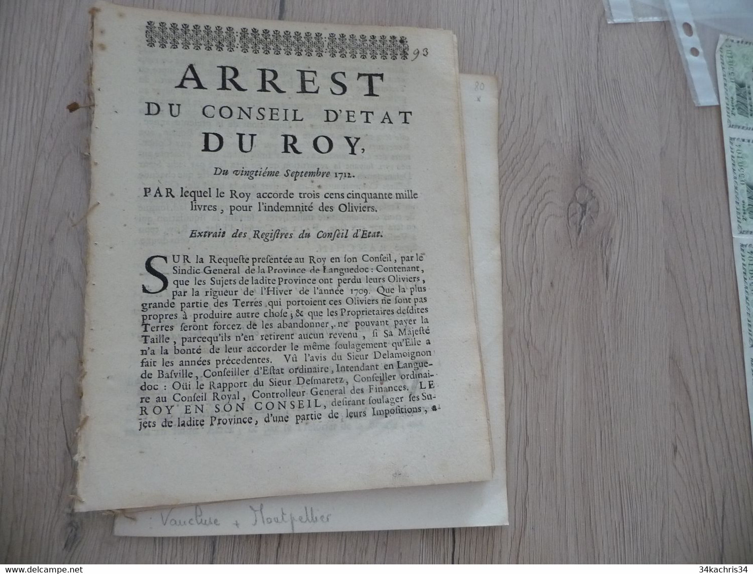 X 3 Décrets 1711/1712 Languedoc Indemnité Pour Les Oliviers Catastrophe Naturelle - Gesetze & Erlasse