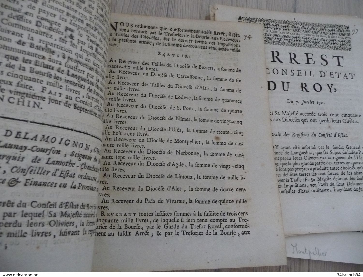 X 3 décrets 1711/1712 Languedoc Indemnité pour Les Oliviers catastrophe naturelle