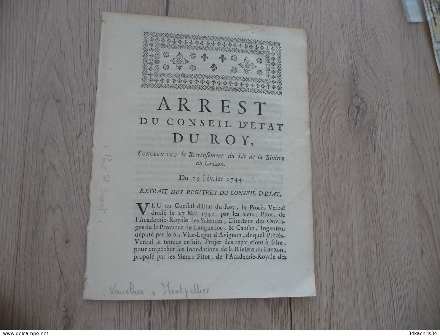 Arrest Conseil D'état Du Roi 19/02/1724 Recreusement Du Lit De La Rivière Du Lauzon - Decrees & Laws