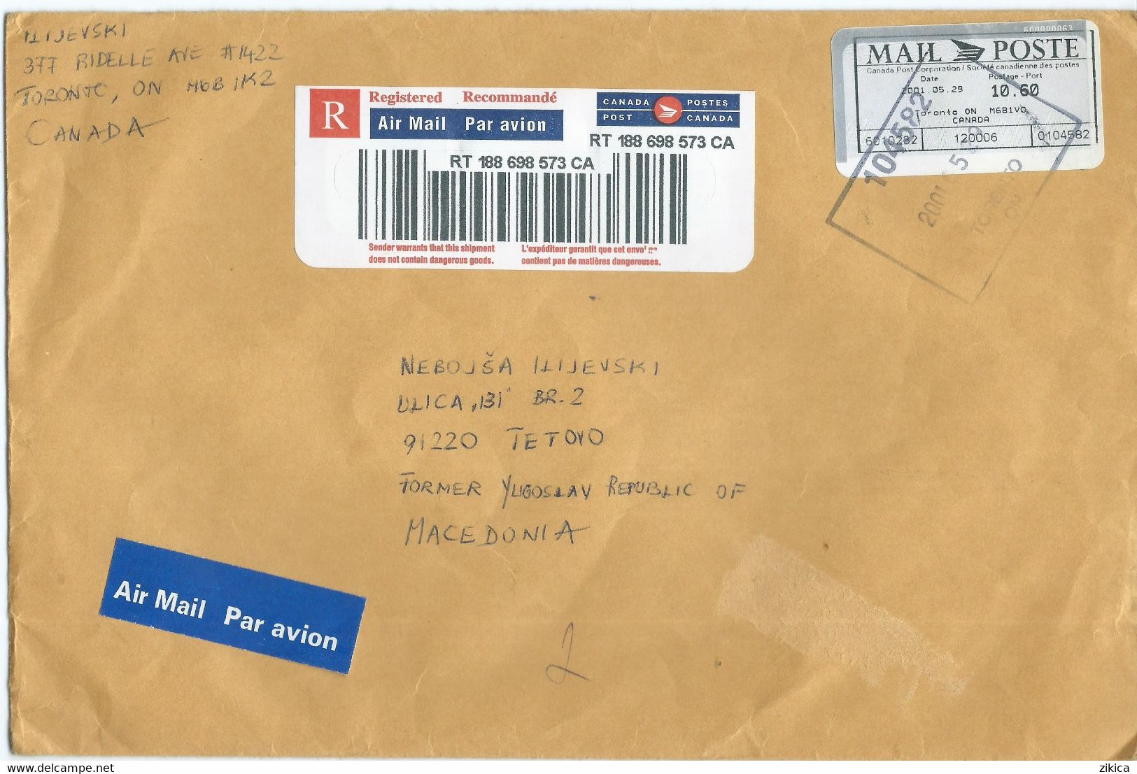 Canada R - Letter Via Macedonia 2001.post Label - Brieven En Documenten