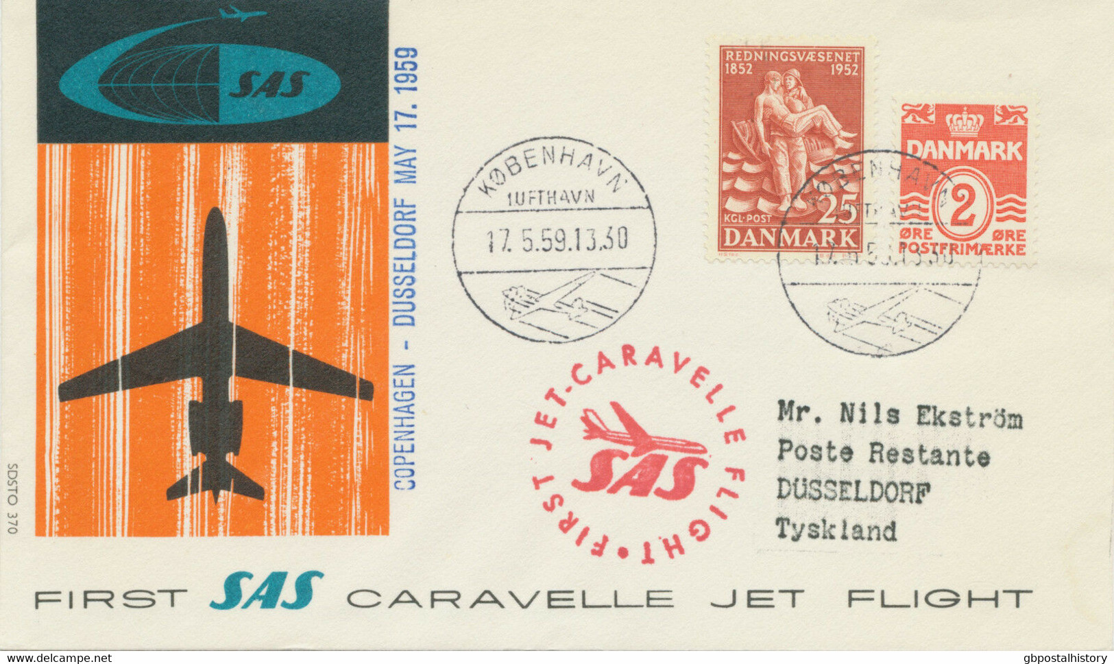 DENMARK 1959 First Flight SAS First Caravelle Jet Flight COPENHAGEN - DÜSSELDORF - Luchtpostzegels