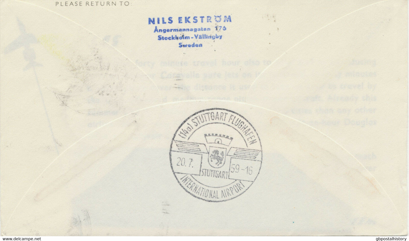 DENMARK 1959 First Flight SAS First Caravelle Jet Flight COPENHAGEN - STUTTGART - Airmail