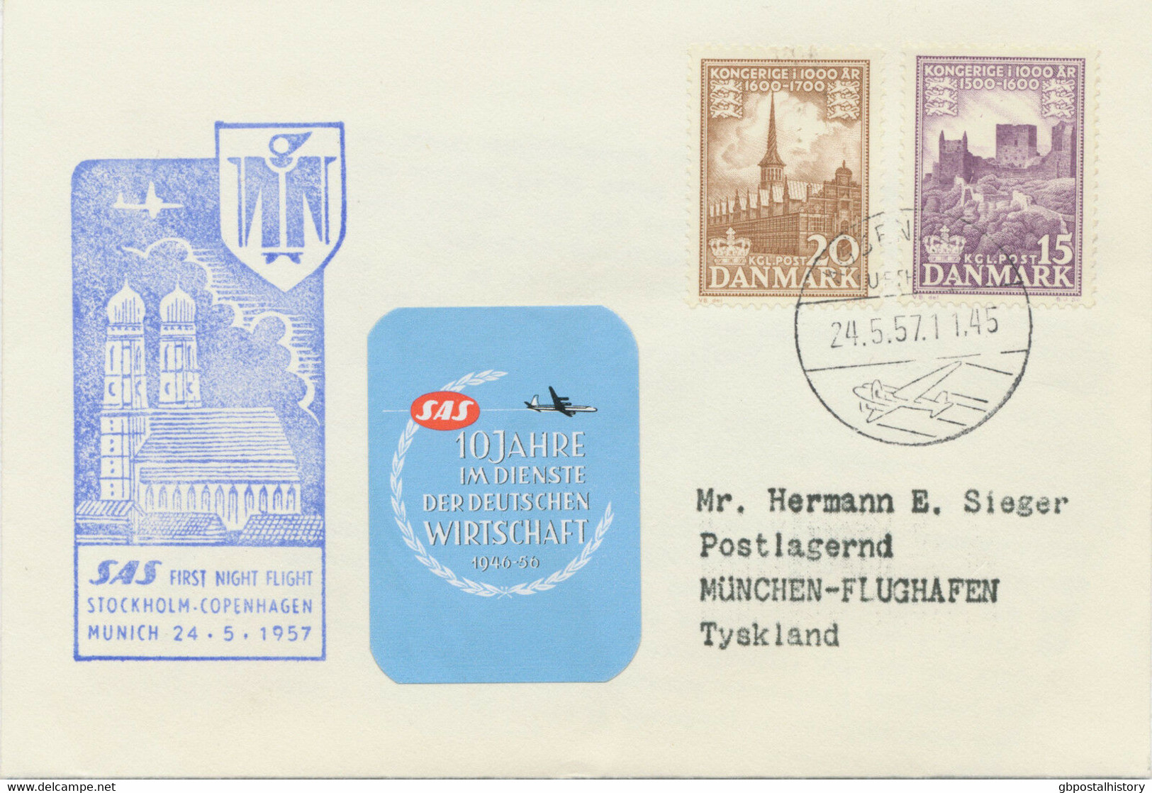 DENMARK 1957, First Night Flight With SAS "COPENHAGEN - MUNICH", Rare, R! - Luchtpostzegels