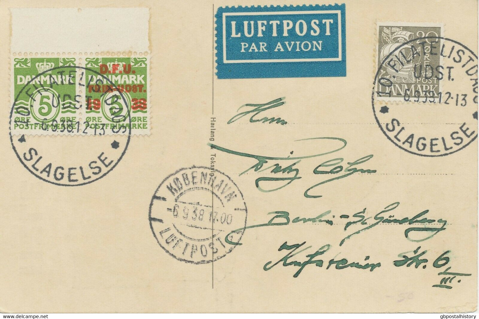 DENMARK "10. FILATELISTDAGS / UDST. / 6.9.38 / SLAGELSE" Special Event Postmark U. K2 "KOBENHAVN / LUFTPOST" N. Berlin - Airmail