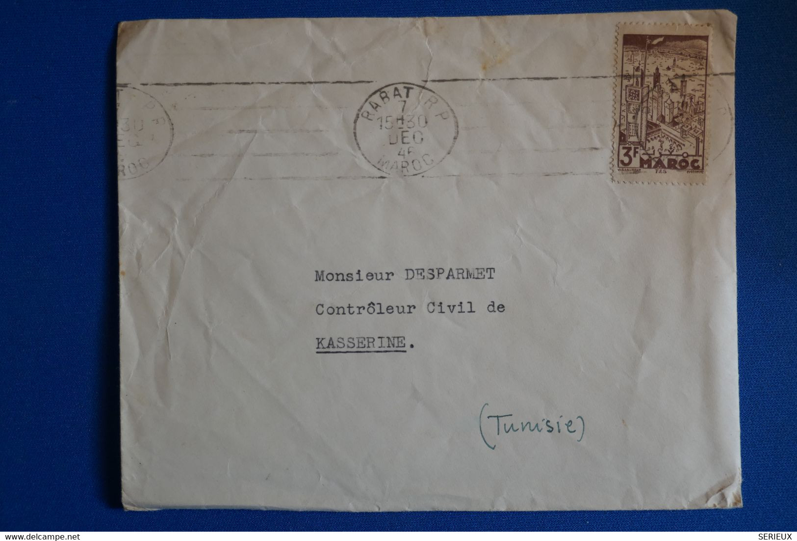 L9 MAROC BELLE LETTRE 1946 RABAT  POUR KASSERINE TUNISIE + AFFRANCH. INTERESSANT - Storia Postale