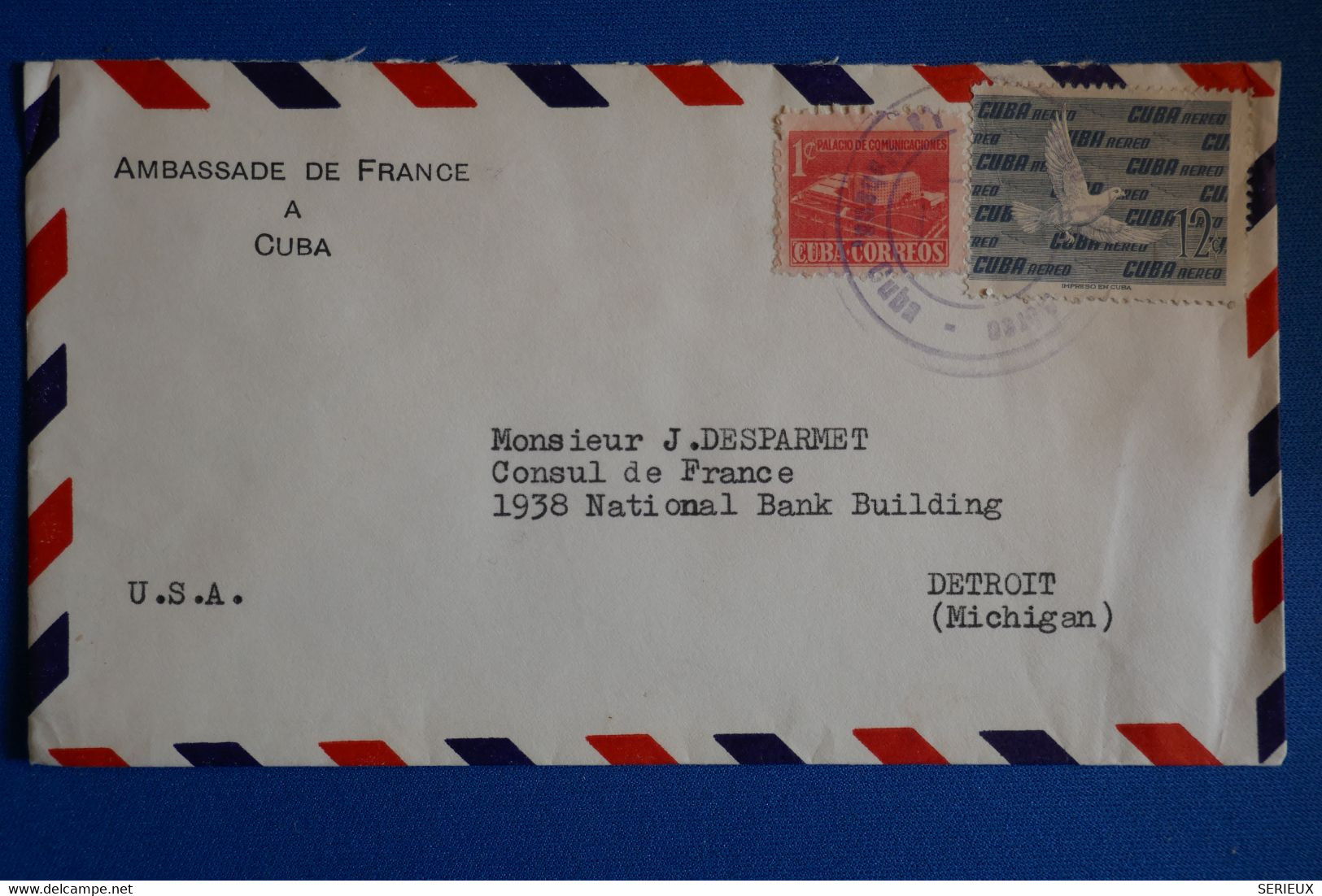 L9 CUBA  BELLE LETTRE 1960  AMBASSADE DE FRANCE  POUR DETROIT USA + AFFRANCH. INTERESSANT - Storia Postale