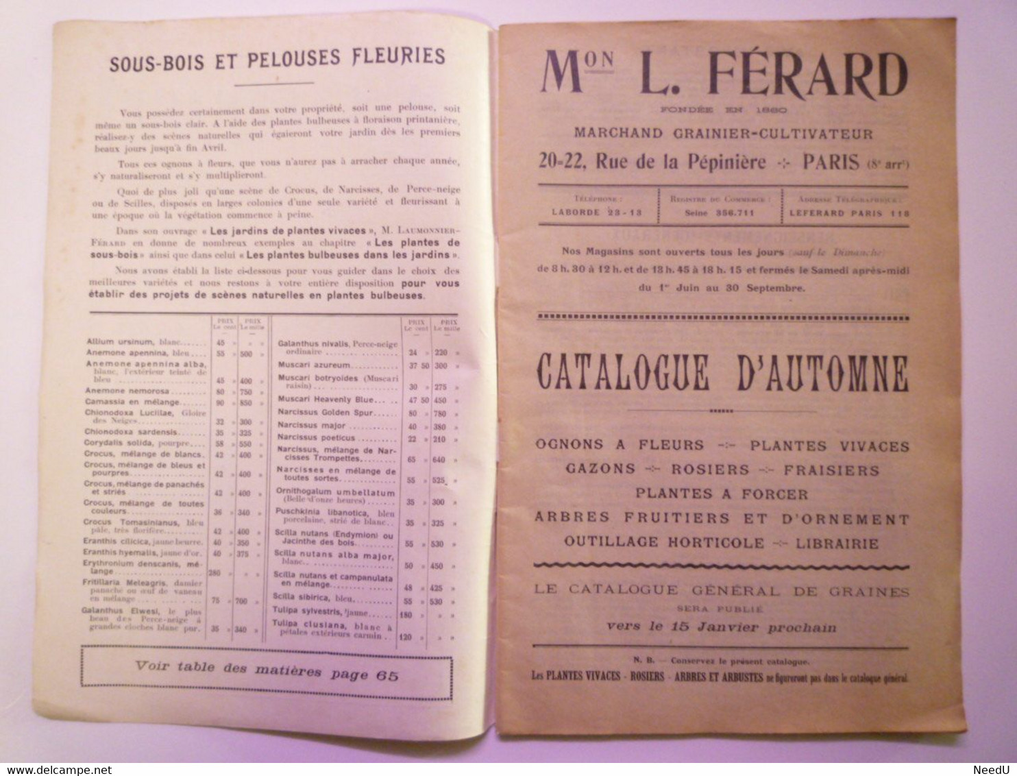 GP 2021 - 65  CATALOGUE 1930  Maison L. FERARD  Oignons à Fleurs  -  Plantes Vivaces  -  Rosiers...   XXX - Sin Clasificación