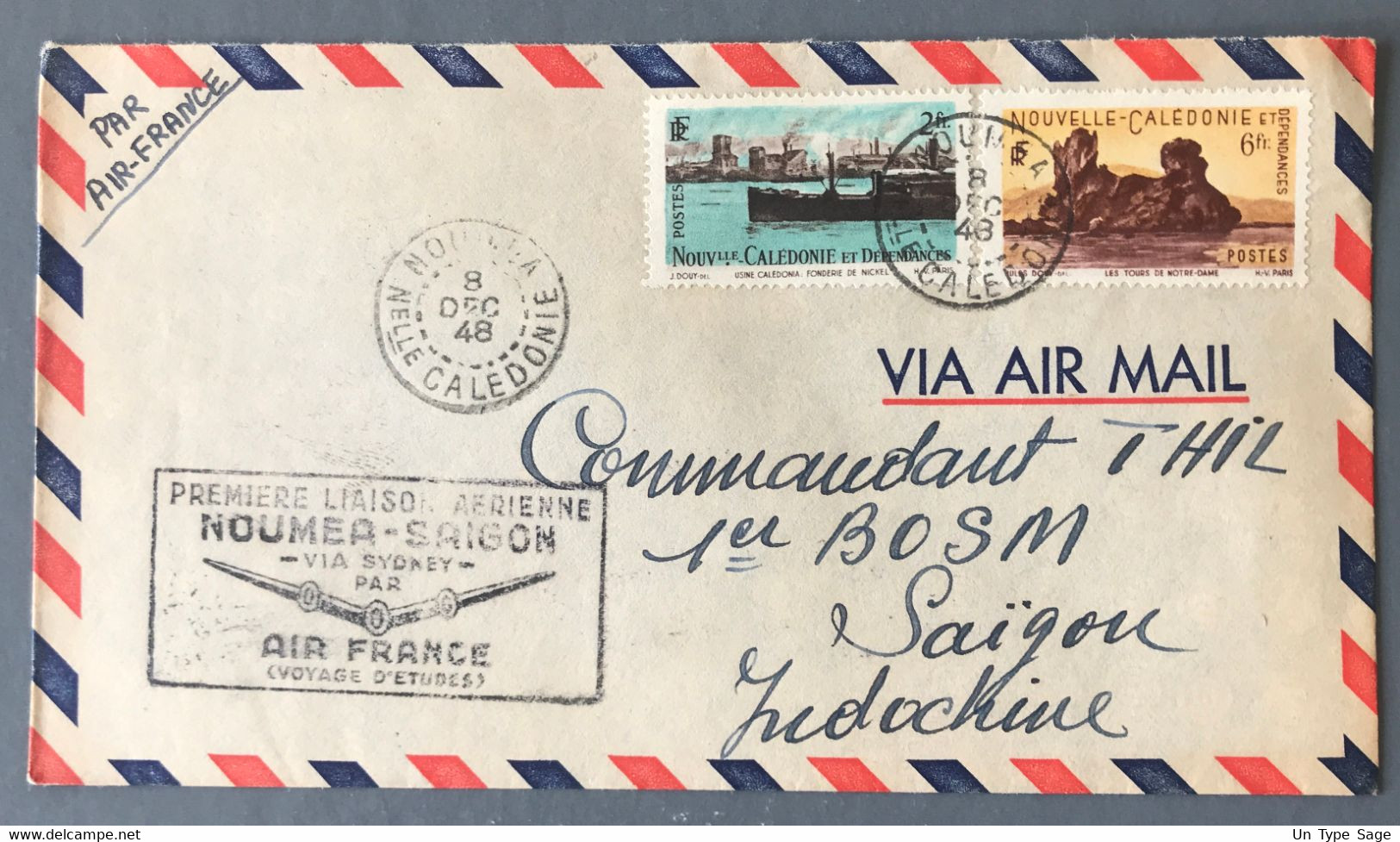 Nouvelle Calédonie - 1ere Liaison Aérienne NOUMEA-SAIGON, Via Sydney (Air France, Voyage D'étude) 8.12.1948 - (B3582) - Covers & Documents