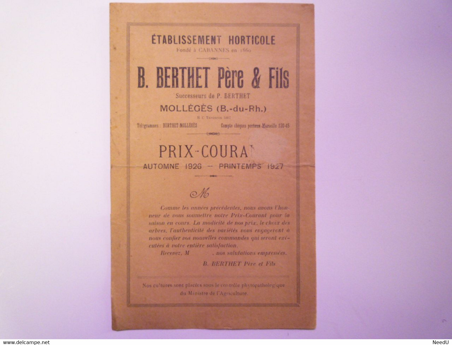 GP 2021 - 74  Deux Brochures 2 Volets De Pépinières  1926 - 1927  (Molèges 13 Et Villefranche-en-Beaujolais 69)   XXX - Zonder Classificatie