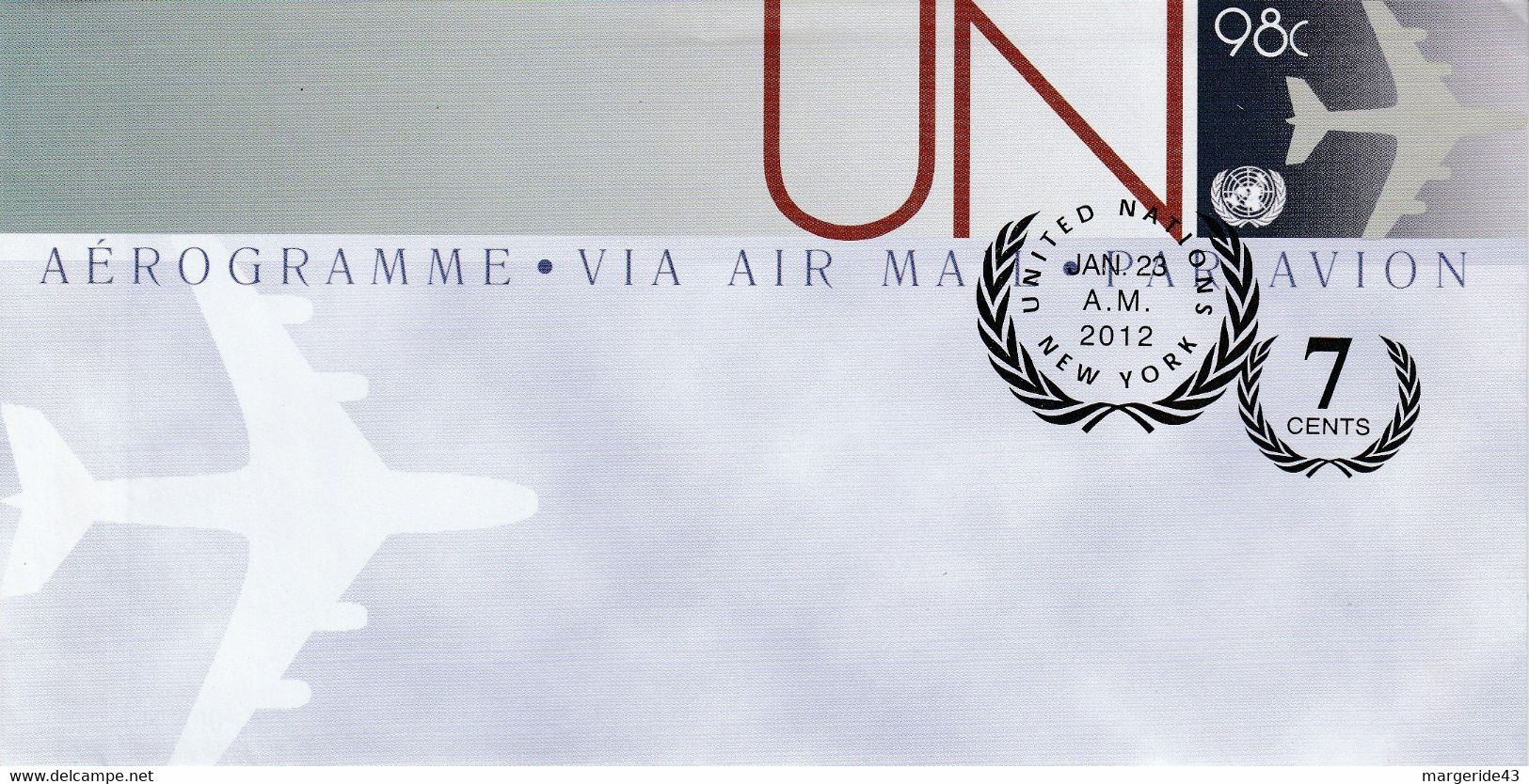 NATIONS UNIES 2012 AEROGRAMME FDC 98 CENTS - Covers & Documents