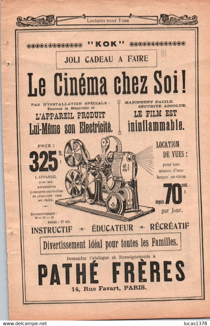 PUB PATHE FRERES  Le Cinema Chez Soi KOK  14 Rue Favart Paris + PUB VOITURE DELAGE - Pubblicitari