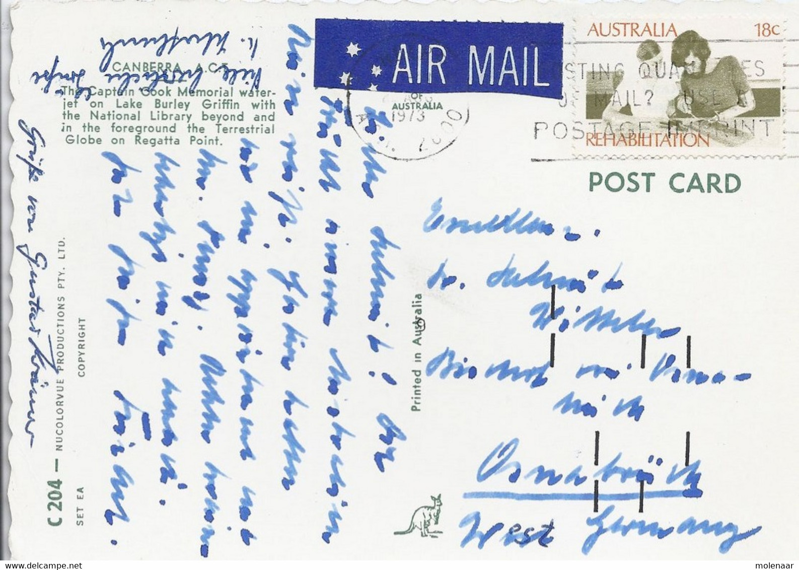 Australie Postkaart Canberra "The Captain Cook Memorial" Gebruikt (817) - Canberra (ACT)