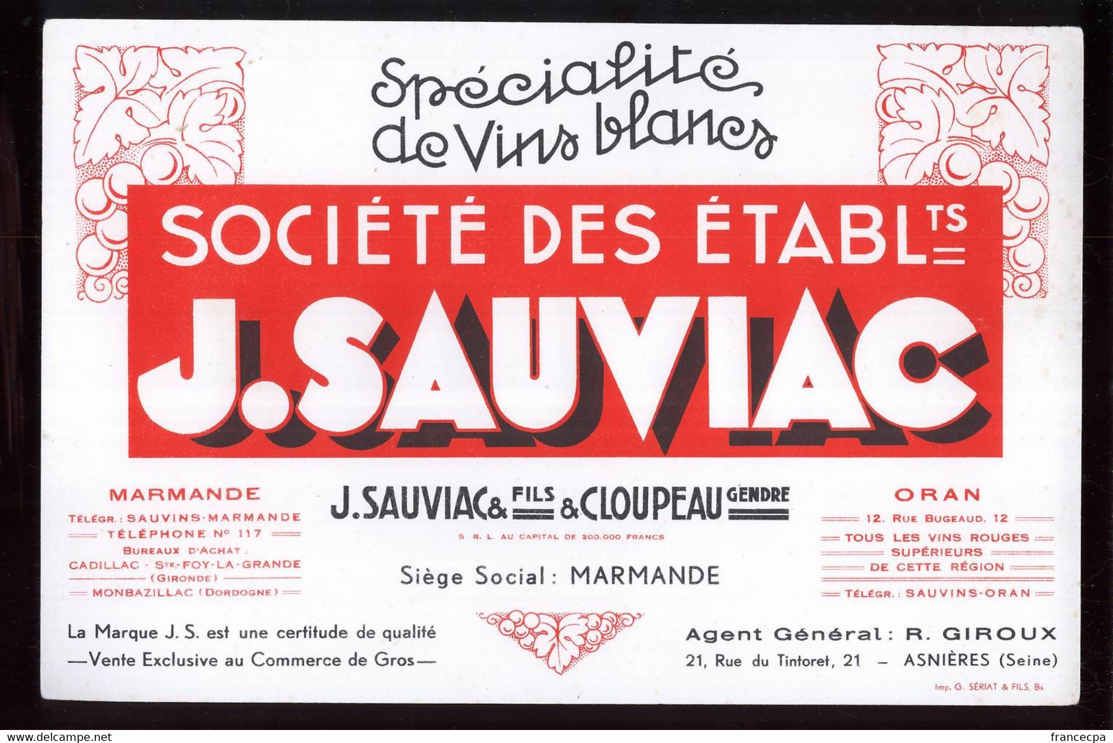 B930 - BUVARD  - Spécialite De Vins Blancs  J. SAUVIAC & Fils & CLOUPEAU Gendre  MARMANDE - Liqueur & Bière