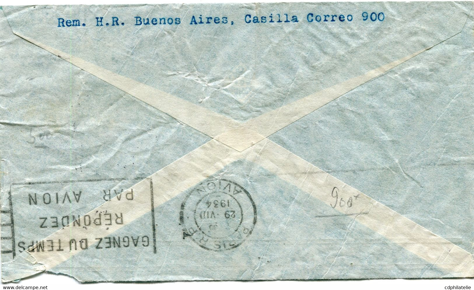 ARGENTINE LETTRE PAR AVION " VIA CONDOR " DEPART SERV. AEROPOSTAL 21 AGO 34 BUENOS AIRES POUR LA FRANCE - Brieven En Documenten