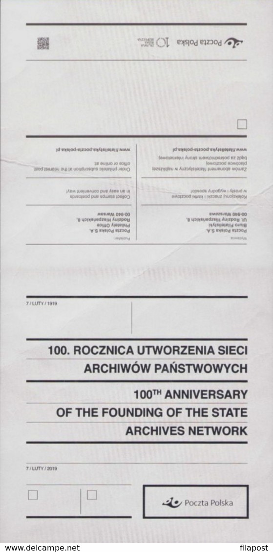 POLAND 2019 Fi 4938 Souvenir Booklet State Archives Network, Documents Collecting, Storing, With Stamp MNH** F - Booklets