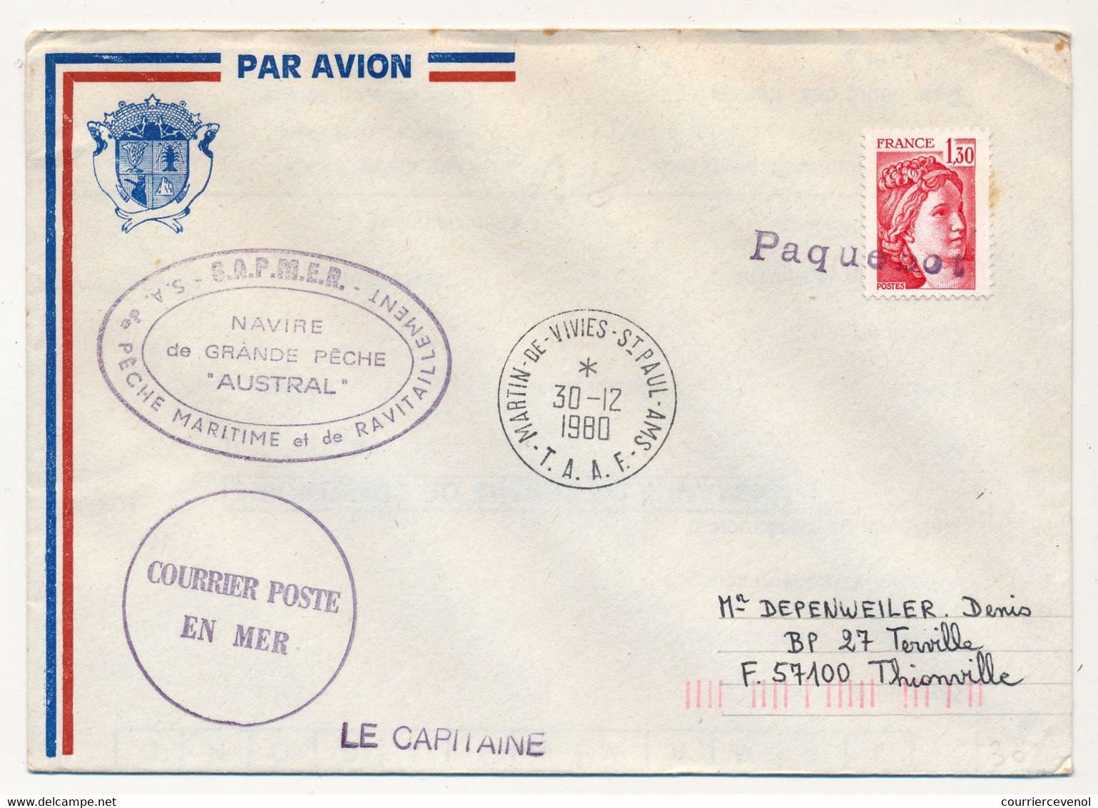 FRANCE - Env. Affr 1,30F Sabine Obl Lin "Paquebot" Cad St Martin De Vivies St Paul Ams T.A.A.F. Navire De Pêche AUSTRAL - Maritime Post
