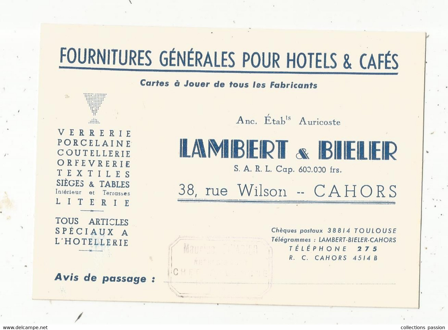 Carte De Visite, Fournitures Pour Cafés- Hotels, LAMBERT & BIELER ,Cahors ,représentant Sivadier ,Chef Boutonne - Cartes De Visite