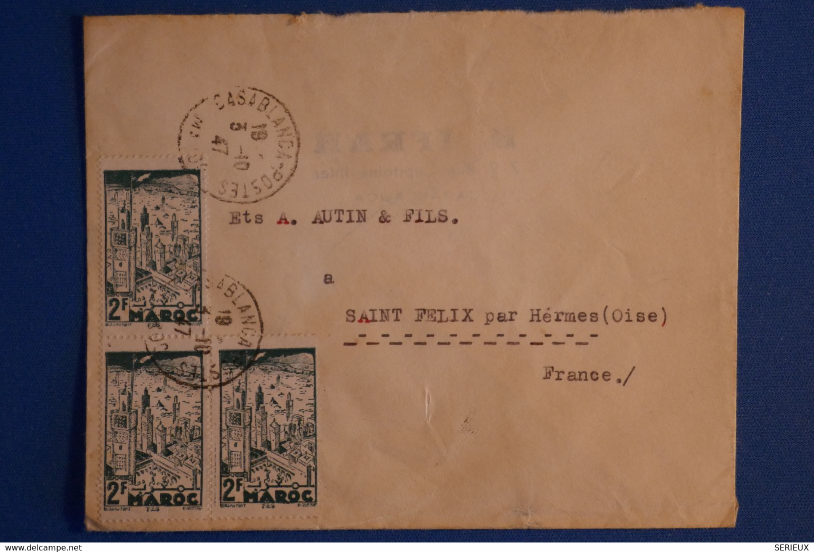 L10 MAROC BELLE LETTRE 1947 CASABLANCA  POUR ST FELIX FRANCE +BLOC DE 3 T.P + AFFRANCH. PLAISANT - Cartas & Documentos