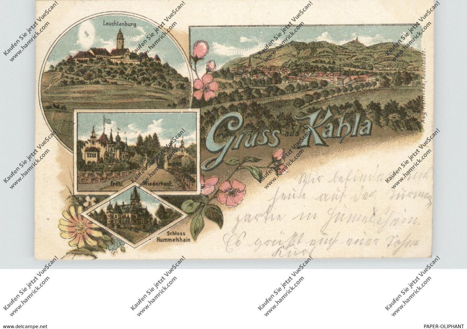 0-6906 KAHLA, Lithographie, Leuchtenburg, Wiederkunft, Hummelshain, Dorfansicht - Kahla