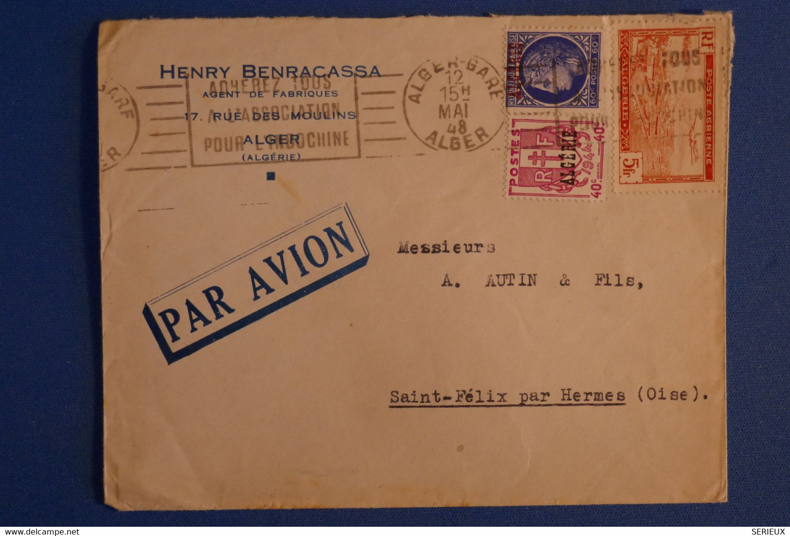 L10 ALGERIE BELLE LETTRE 1948 PAR AVION ALGER BLIDA POUR ST FELIX FRANCE+ SURCHARGE + AFFRANCH. INTERESSANT - Lettres & Documents